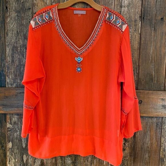 Anthropologie Harper S Sheer Orange Cowboy Western Beaded Flared Sleeve Tunic - Picture 2 of 10